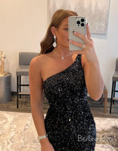 Load image into Gallery viewer, Glitter One-Shoulder Black Homecoming Dress With Sequins