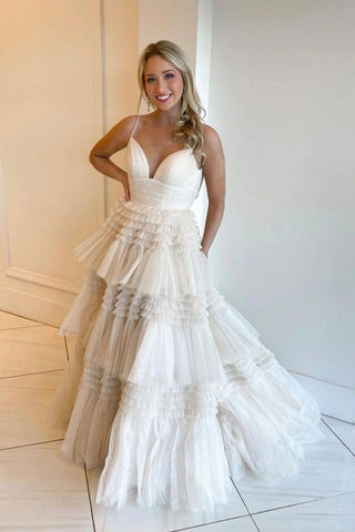 New Arrival A Line Spaghetti Straps White Bridal Dress with Ruffles