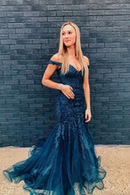 Load image into Gallery viewer, Mermaid Off the Shoulder Navy Long Prom Dress with Appliques