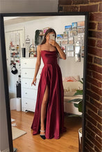 Load image into Gallery viewer, A Line Spaghetti Straps Burgundy Long Prom Dress with Split Front