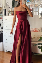 Load image into Gallery viewer, A Line Spaghetti Straps Burgundy Long Prom Dress with Split Front