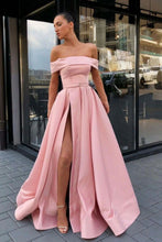 Load image into Gallery viewer, Charming A Line Off the Shoulder Pink Long Prom Dress with Slit