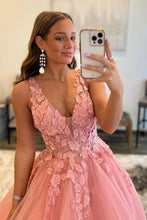 Load image into Gallery viewer, Princess A Line V Neck Pink Long Prom Dress with Appliques