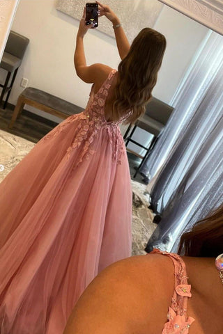 Princess A Line V Neck Pink Long Prom Dress with Appliques