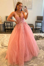 Load image into Gallery viewer, Princess A Line V Neck Pink Long Prom Dress with Appliques