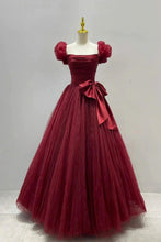 Load image into Gallery viewer, Princess A Line Burgundy Long Prom Dress with Short Sleeves