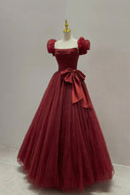 Load image into Gallery viewer, Princess A Line Burgundy Long Prom Dress with Short Sleeves