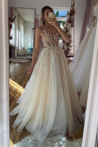 Gorgeous A Line Spaghetti Straps Champagne Prom Dress with Appliques