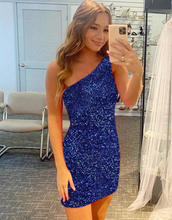 Load image into Gallery viewer, Glitter One-Shoulder Hot Pink Homecoming Dress With Sequins
