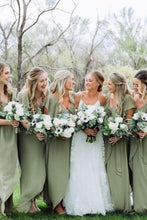 Load image into Gallery viewer, A Line V Neck Green Long Bridesmaid Dress with Short Sleeves