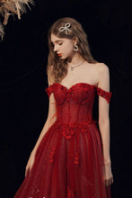 Load image into Gallery viewer, Gorgeous A Line Off the Shoulder Burgundy Long Formal Dress with Appliques