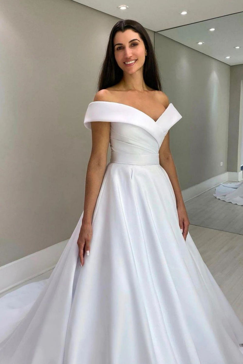 Elegant A Line Off the Shoulder White Wedding Party Dress  Luuvis