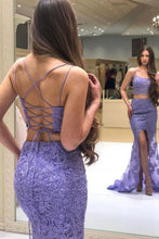 Load image into Gallery viewer, Two Piece Spaghetti Straps Lavender Lace Long Prom Dress