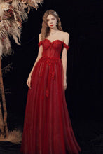 Load image into Gallery viewer, Gorgeous A Line Off the Shoulder Burgundy Long Formal Dress with Appliques