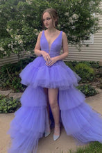 Load image into Gallery viewer, A-Line High Low Deep V Neck Lavender Long Prom Dress with Ruffles