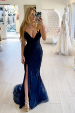 Load image into Gallery viewer, Mermaid V Neck Black Long Prom Dress with Split Front
