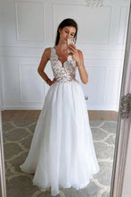 Load image into Gallery viewer, Classic A Line V Neck White Bridal Dress with Appliques