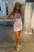 Load image into Gallery viewer, Sheath Spaghetti Straps Purple Short Homecoming Dress with Appliques