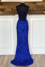 Load image into Gallery viewer, Sheath Spaghetti Straps Royal Blue Sequins Long Prom Dress with Silt