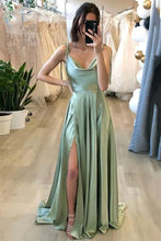 Load image into Gallery viewer, Simple A Line Spaghetti Straps Light Green Long Prom Dress with Silt