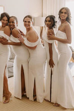 Load image into Gallery viewer, Classic Sheath Spaghetti Straps White Long Bridesmaid Dress with Split Front