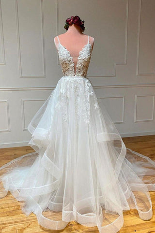 Charming A Line Spaghetti Straps White Bridal Dress with Appliques
