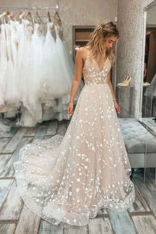 Beautiful A Line Spaghetti Straps Light Champagne Wedding Dress