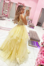 Load image into Gallery viewer, Princess A Line Yellow Long Prom Dress with Appliques