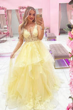 Load image into Gallery viewer, Princess A Line Yellow Long Prom Dress with Appliques