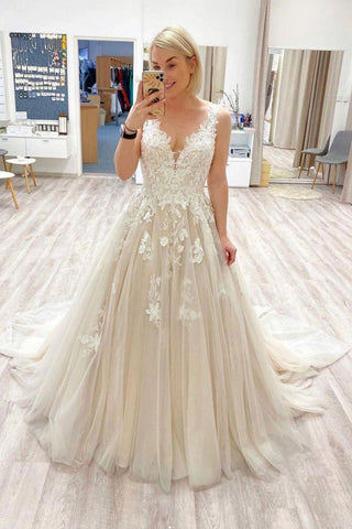 Beautiful A Line V Neck Champagne Wedding Dress with Appliques