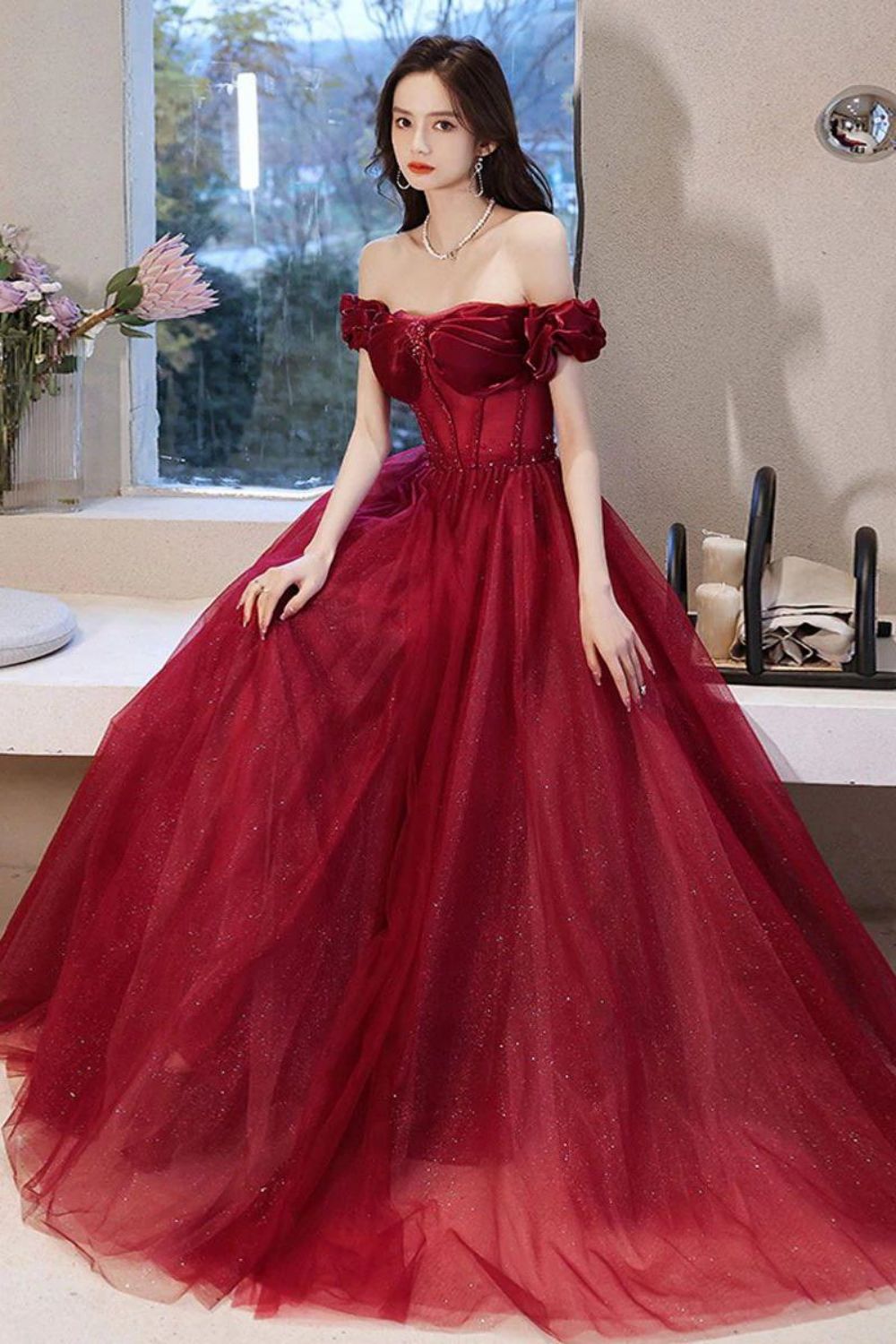 Beautiful A Line Off the Shoulder Burgundy Long Prom Dress with Appliques