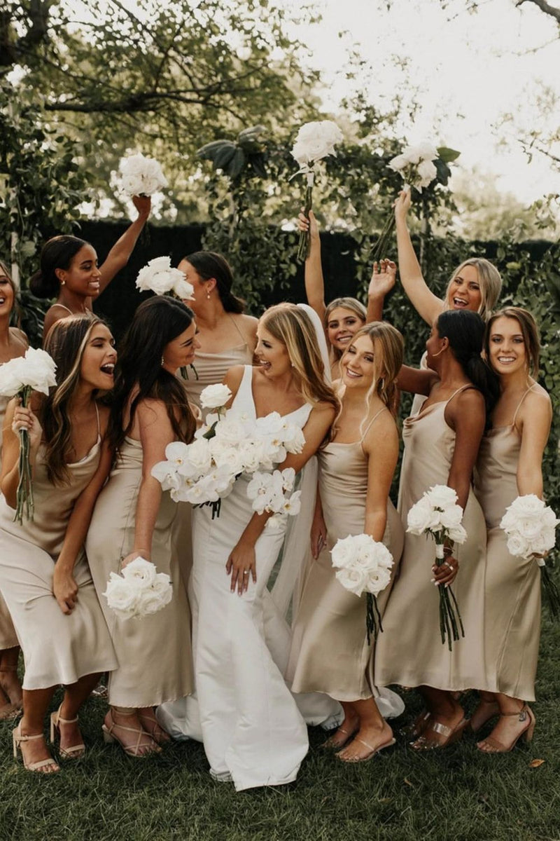 beige bridesmaid dress Sheath Spaghetti Straps Light Champagne Tea Length – Luuvis Tanner Blue Halter Neck SALE ITEMS Size:M petite Sheath Occasion