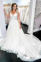Load image into Gallery viewer, Charming A Line V Neck White Wedding Dress with Appliques