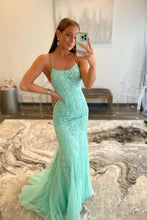 Load image into Gallery viewer, Mermaid Spaghetti Straps Lavender Long Prom Dress with Appliques