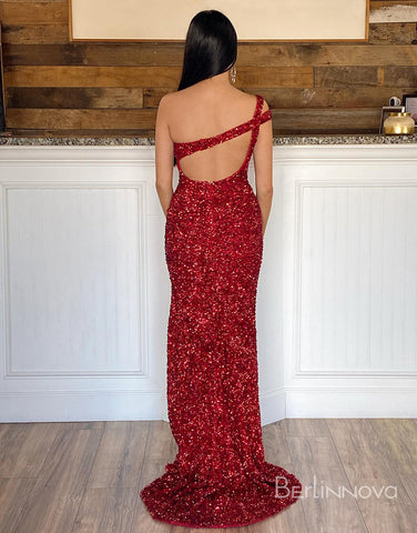 Sexy Glitter One-Shoulder Red Long Prom Dress With Sequins