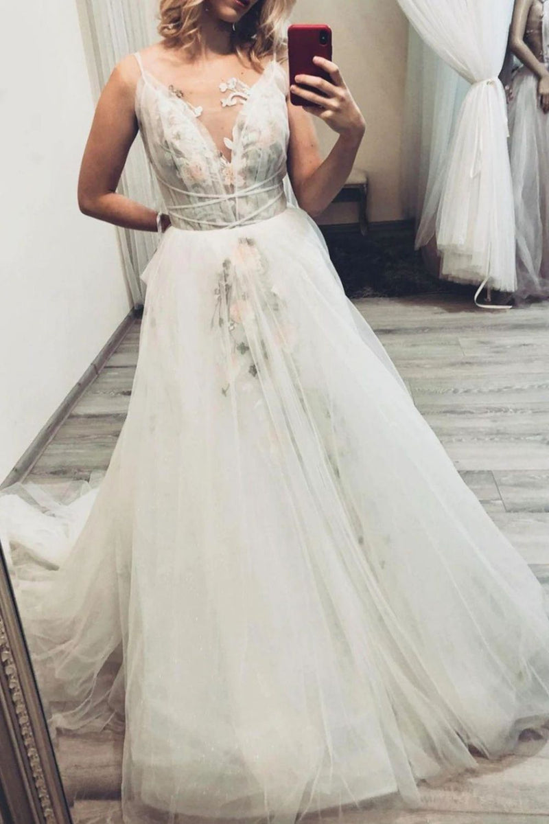 A Line V Neck White Criss Cross Long Sleeve Wedding Dress LBQW0141 main image 0