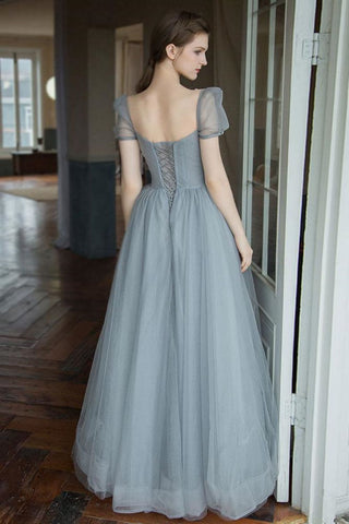A Line Square Neck Grey Long Prom Dress with Beading