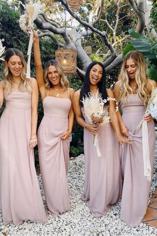 Simple A Line Spaghetti Straps Pink Long Bridesmaid Dress