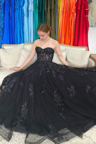 A Line Sweetheart Black Long Prom Dress with Appliques