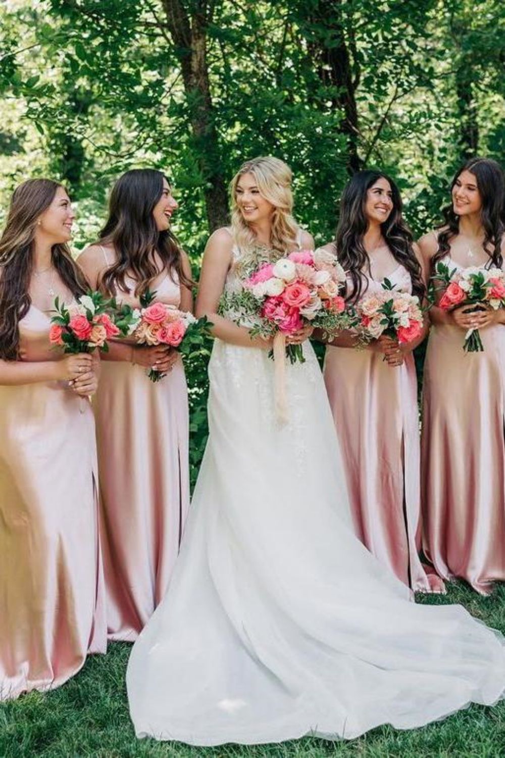 Beautiful A Line Spaghetti Straps Blush Long Bridesmaid Dress with Split Front