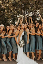 Load image into Gallery viewer, Simple Sheath Spaghetti Straps Green Tea Length Bridesmaid Dress