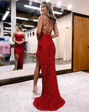 Load image into Gallery viewer, Mermaid Spaghetti Straps Corset Back Prom Dress With Split