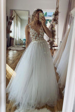 Load image into Gallery viewer, Beautiful A Line Deep V Neck White Long Prom Dress with Appliques
