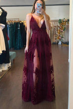 Load image into Gallery viewer, A-Line Deep V Neck Burgundy Long Prom Dress with Slit