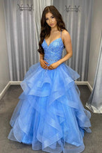 Load image into Gallery viewer, Princess A Line Spaghetti Straps Blue Long Prom Dress with Appliques