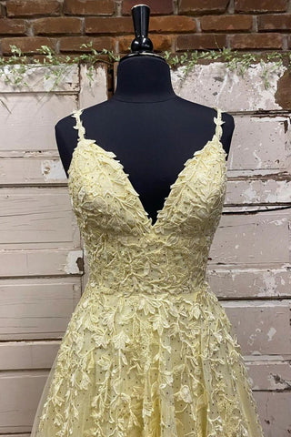 Charming A Line Spaghetti Straps Yellow Long Prom Dress with Appliques