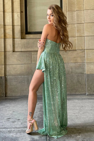 High Low Halter Green Long Prom Dress with Keyhole