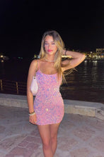 Load image into Gallery viewer, Cute Sheath Spaghetti Straps Pink Sequins Short Homecoming Dress