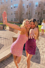 Load image into Gallery viewer, Cute Sheath Spaghetti Straps Pink Sequins Short Homecoming Dress
