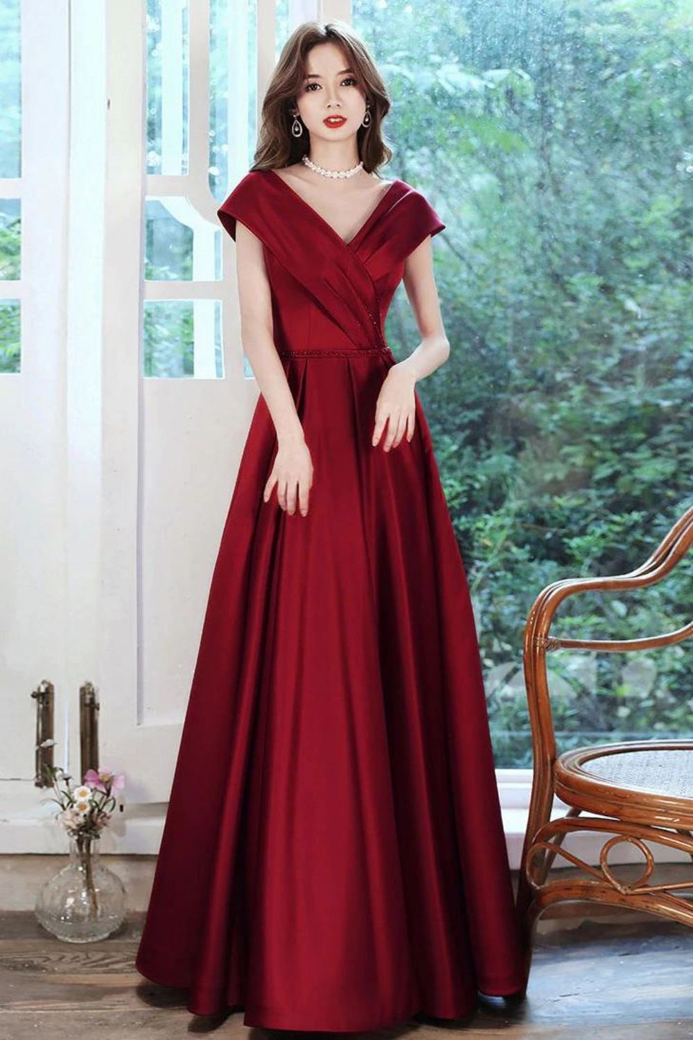 Beautiful A Line V Neck Burgundy Long Prom Dress with Ruffles